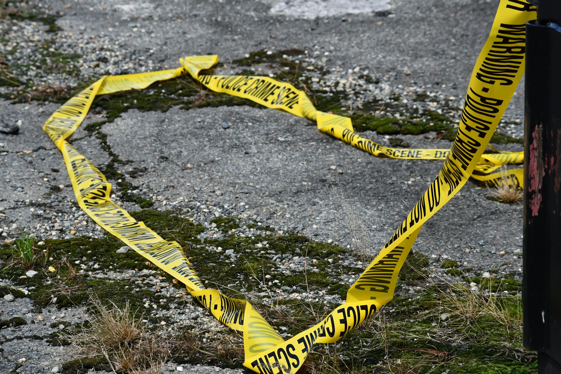 Close-up of yellow police crime scene tape on a cracked and mossy pavement outdoors.