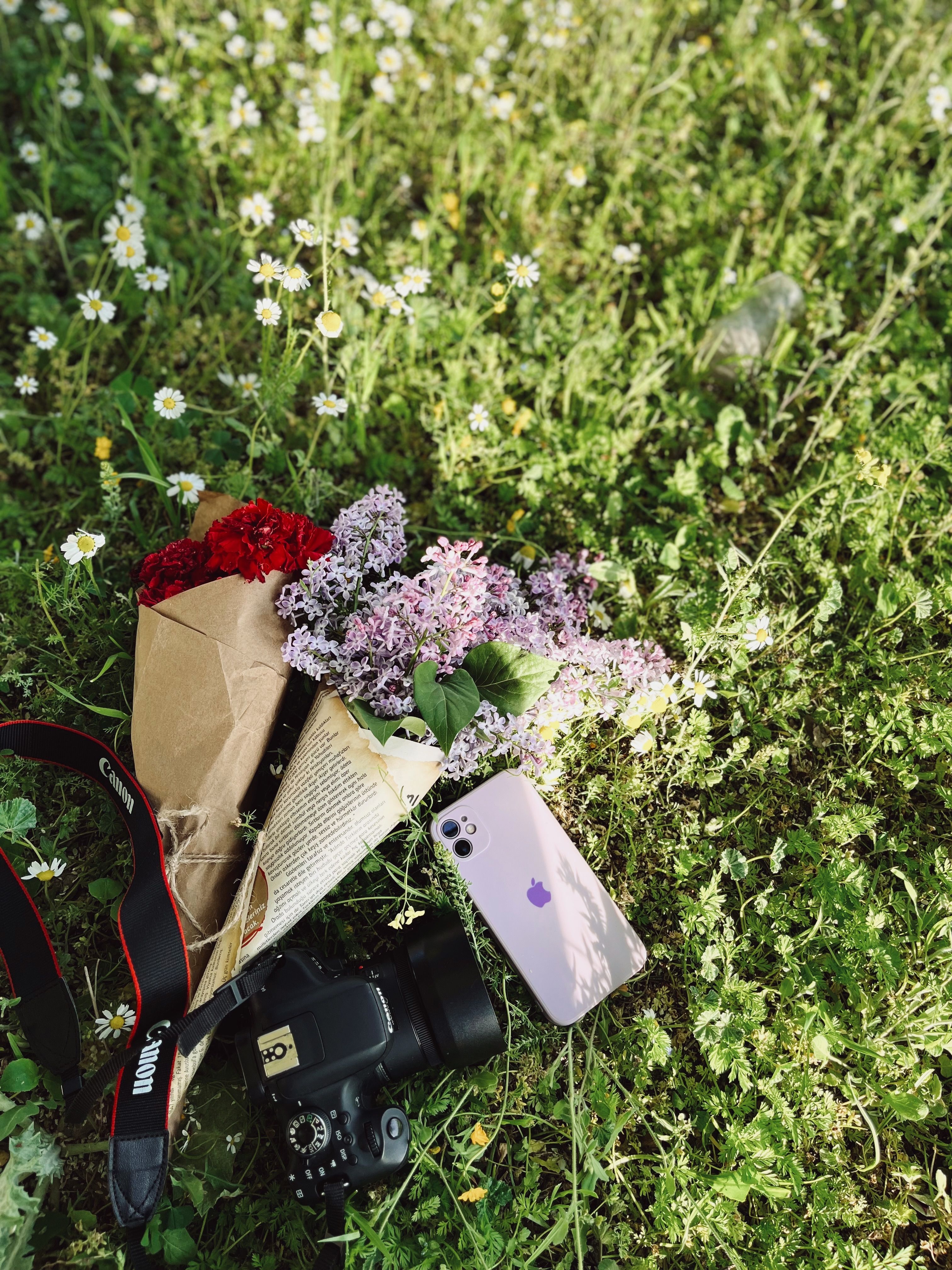 Camera with bouquet and smartphone on a grassy meadow, artistic vibe.