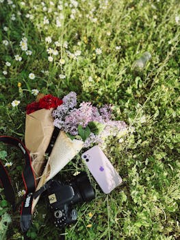 Camera with bouquet and smartphone on a grassy meadow, artistic vibe.