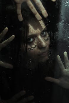 A woman's face with 'Don't Panic' written on her cheeks behind a rainy window, evoking a mysterious mood.