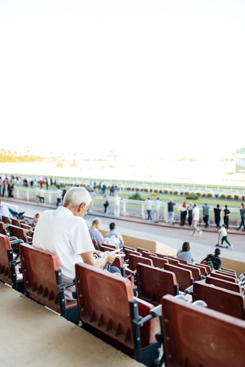 Free A senior adult in sparse stadium seating observes a daytime sports event with few spectators. Stock Photo