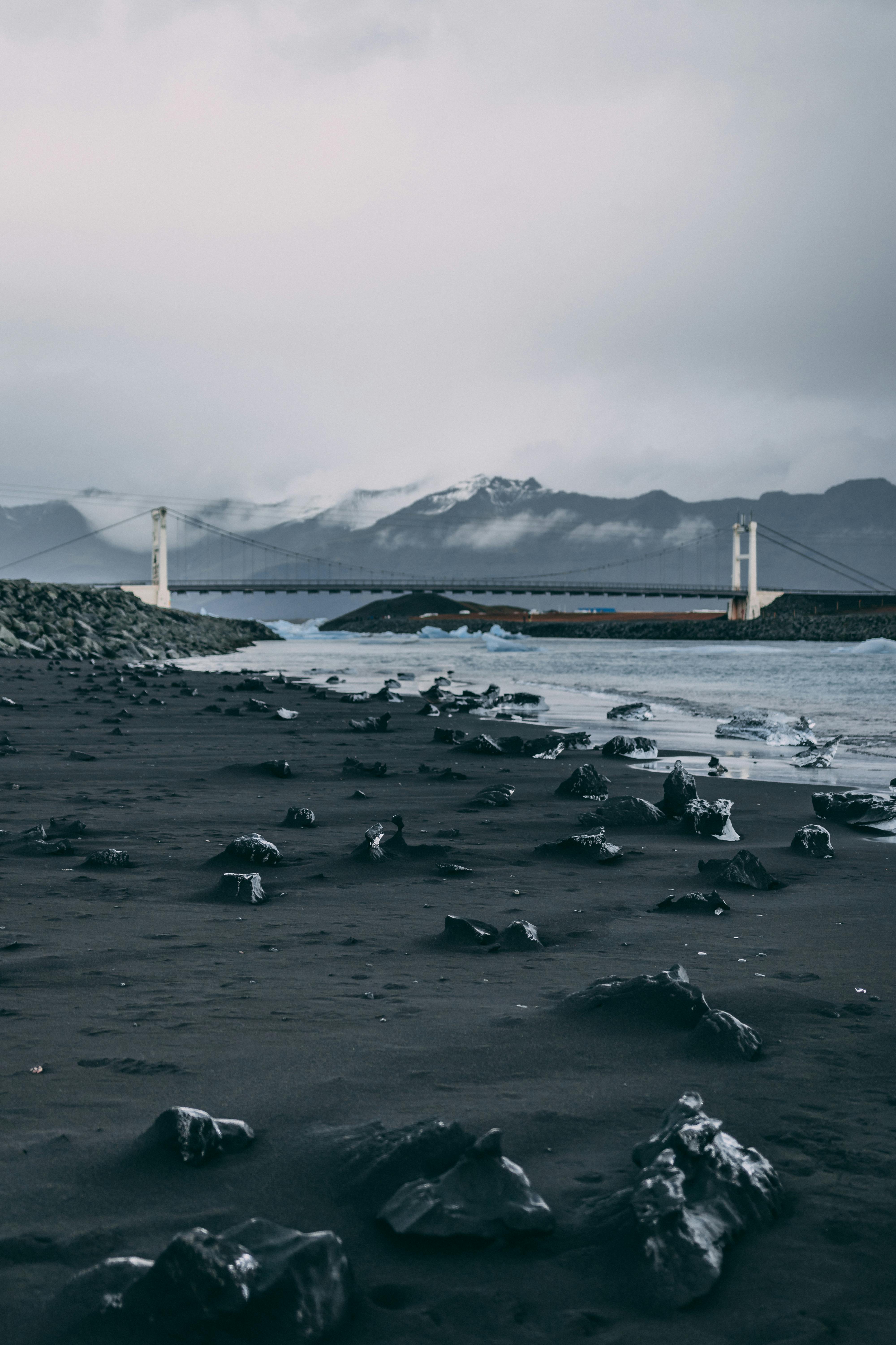 沿海景观令人惊叹，包括桥梁、黑色沙滩和远处白雪皑皑的山脉