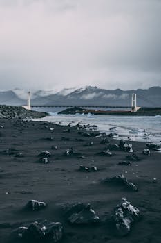 沿海景观令人惊叹，包括桥梁、黑色沙滩和远处白雪皑皑的山脉