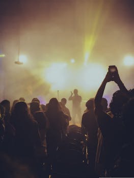 Captivating silhouette of a performer and an energetic crowd under bright stage lights at a night concert.