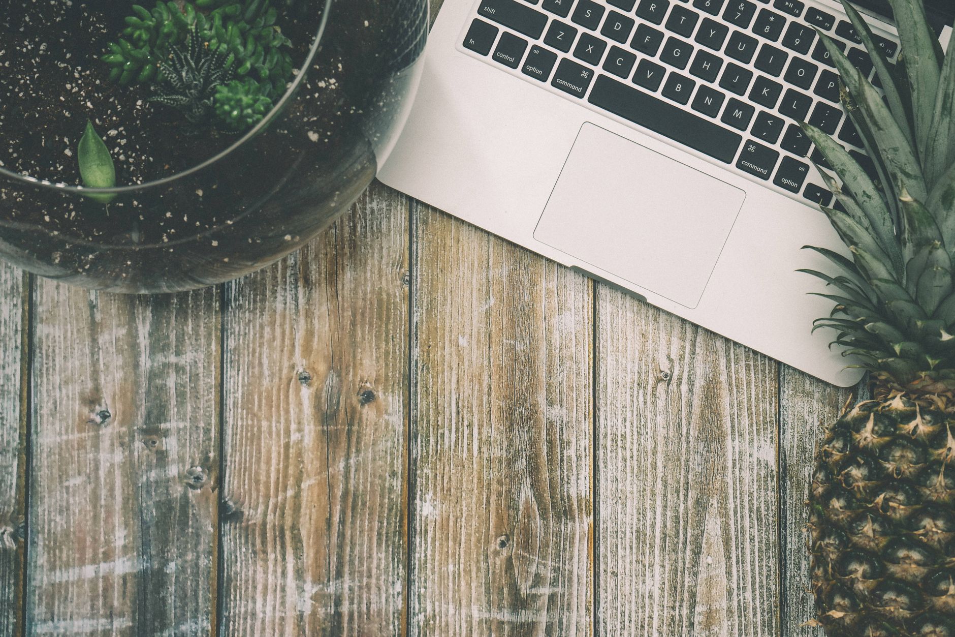 Flat lay of a laptop, pineapple, and plant on a rustic wooden table. Ideal for tech and lifestyle themes.. pexels, flat, lapt