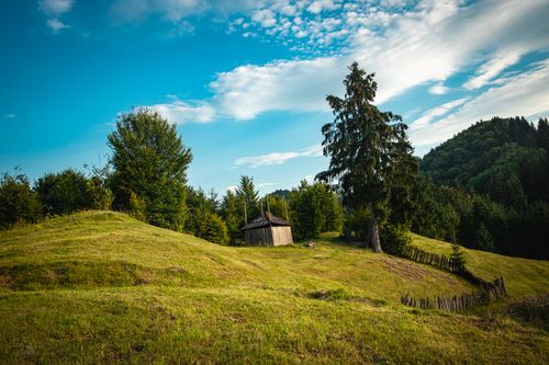 Free A peaceful rural scene showcasing a wooden hut amidst rolling hills and trees under a bright blue sky. Stock Photo