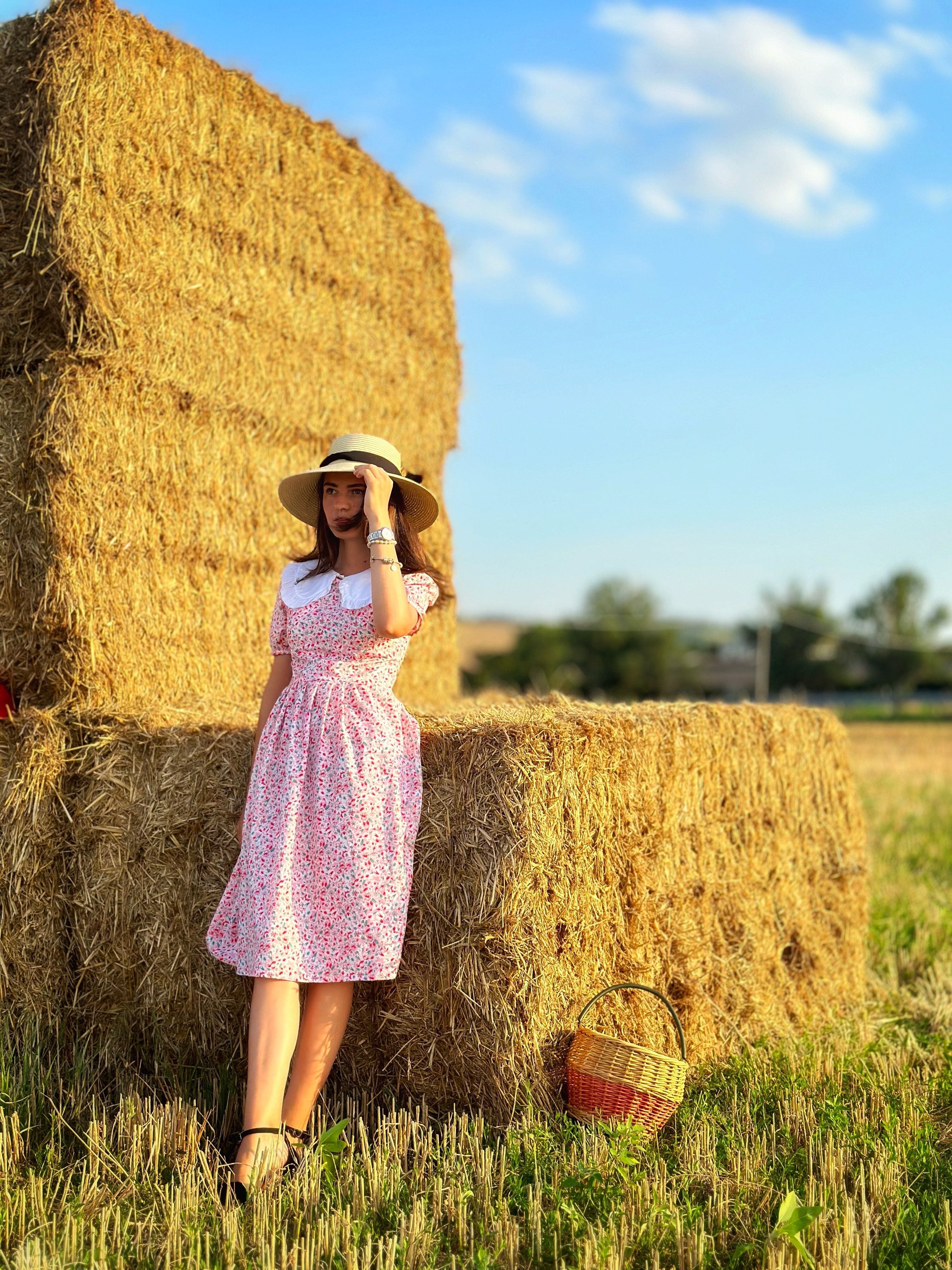 Woman in Pink Dress by Hay in Countryside  Free Stock Photo