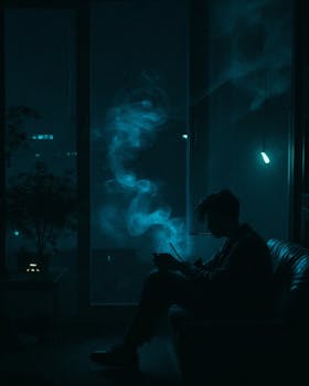 A silhouette of a person smoking indoors with dramatic smoke patterns and ambient lighting.