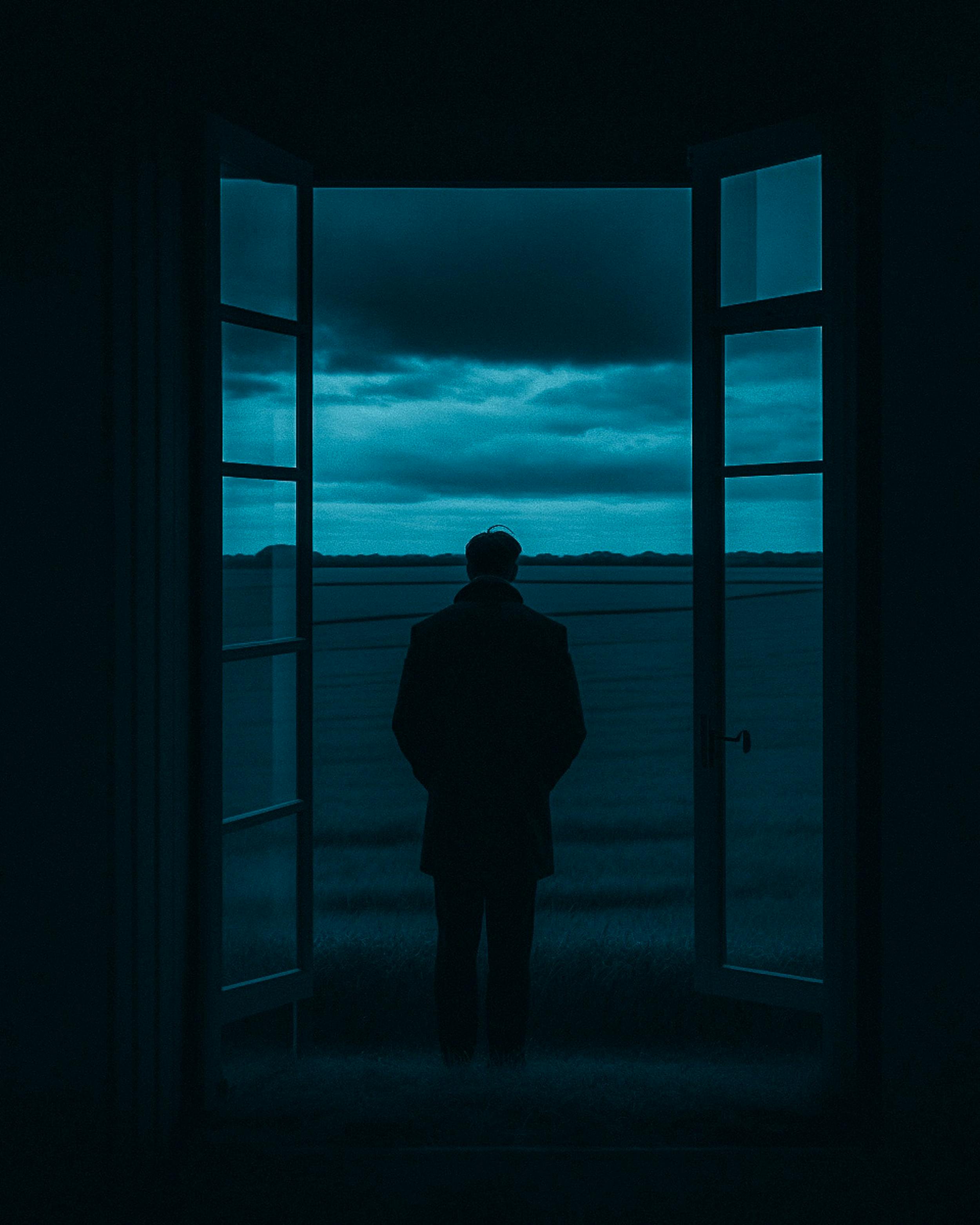 A mysterious silhouette of a man standing in an open window facing a vast field under a moody sky.