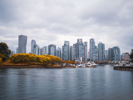 Captivating view of Vancouver skyline during autumn, showcasing skyscrapers and waterfront reflections.