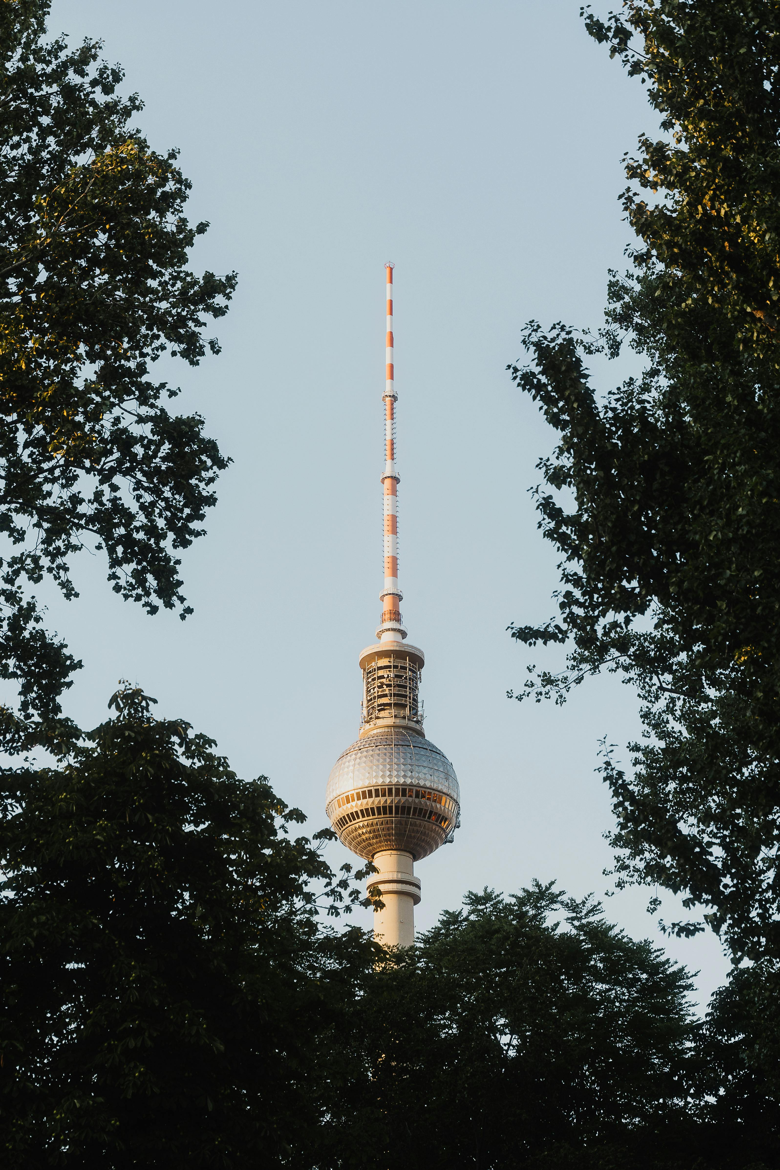 Iconic Berlin tv tower framed by green trees under a clear sky.