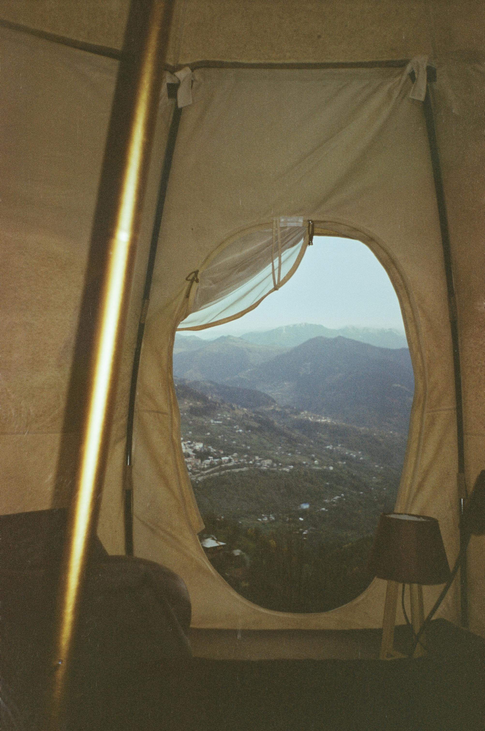 Peaceful mountain view from a tent in Khulo, Georgia.