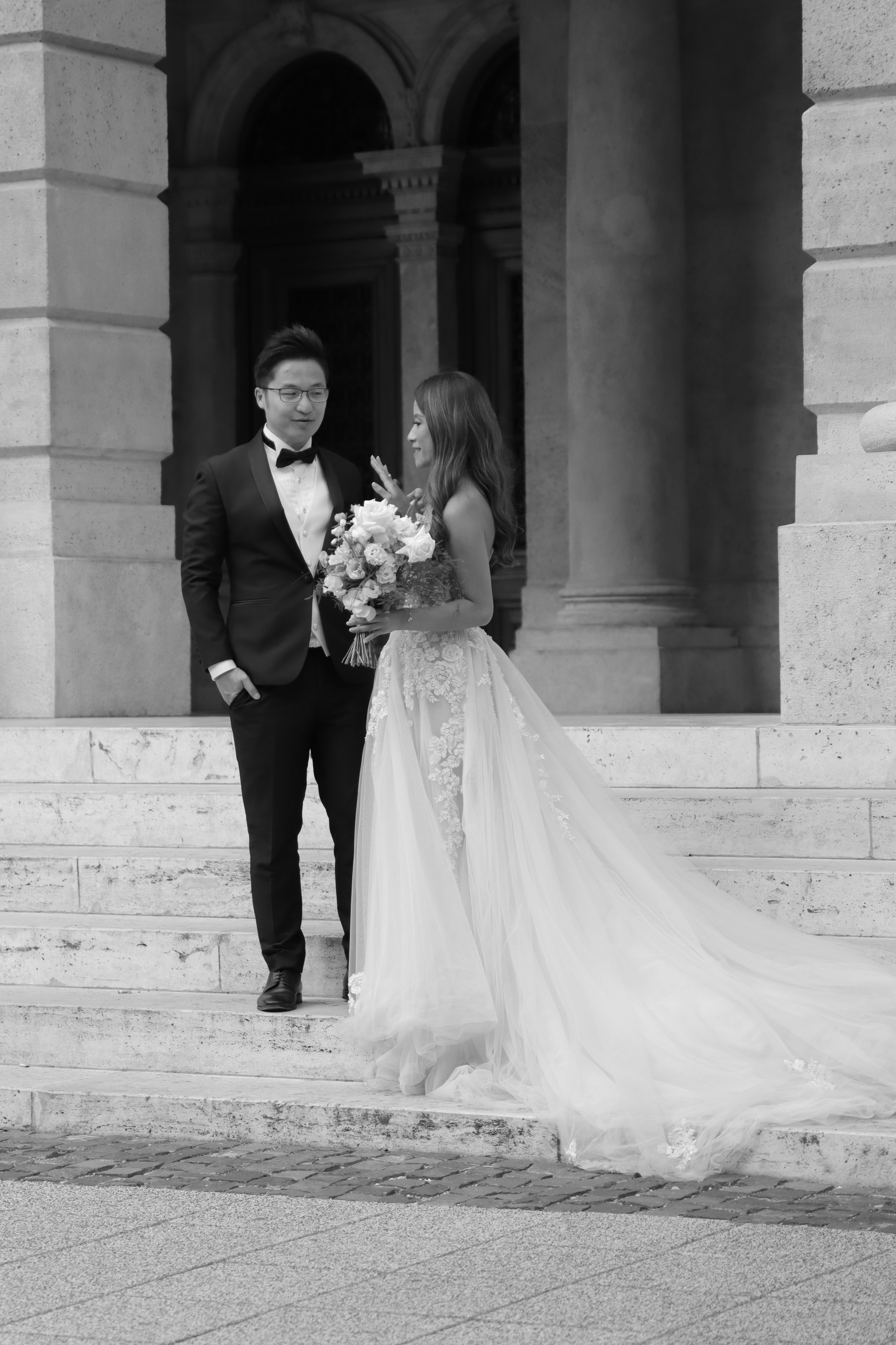 A beautiful monochrome portrait of an Asian couple's wedding in Budapest.