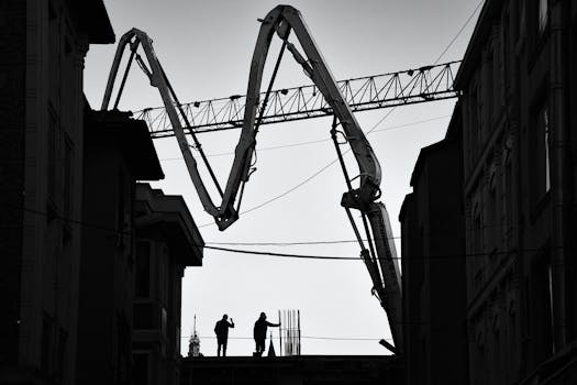 Silhouette of construction workers and crane against city skyline, capturing the essence of urban development.