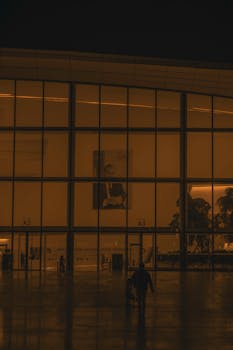 Silhouetted people outside a modern airport terminal at night with large glass windows.