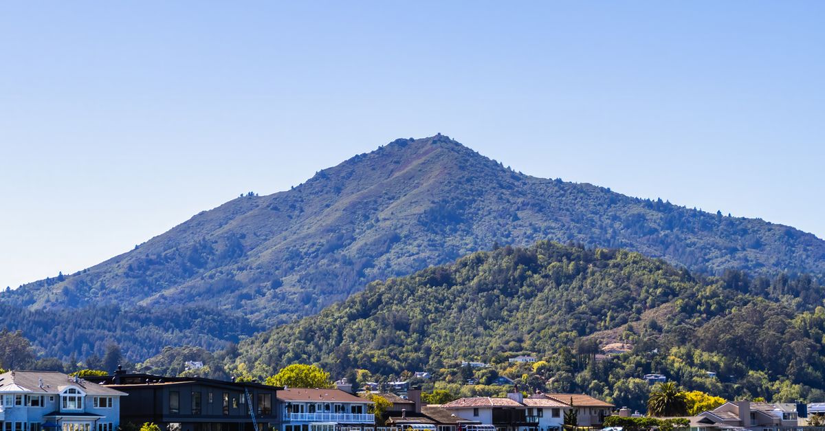 A beautiful view of Mount Tamalpais with waterfront homes, showcasing California's stunning landscape.