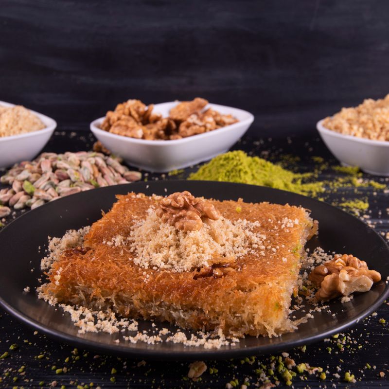 Eid Feast Spiced Pear Knafeh with Crispy Shreds and Labneh
