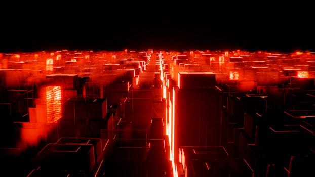 A captivating digital abstract cityscape glowing with red neon lights. Perfect for tech themes.