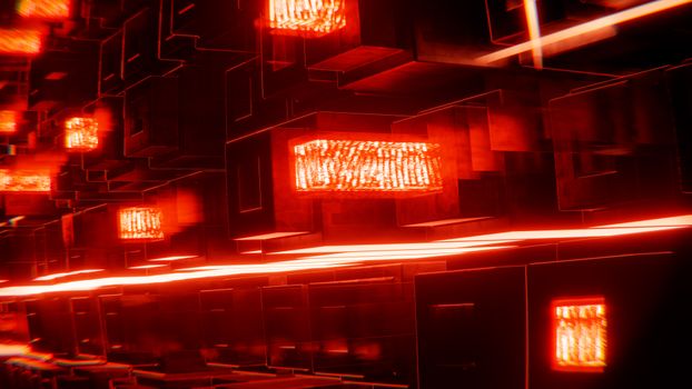 Futuristic abstract scene with neon lights and floating geometric shapes in motion.