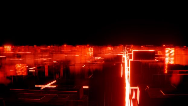 A futuristic cityscape featuring bright red neon lights and abstract geometric forms, creating an energetic and immersive atmosphere.