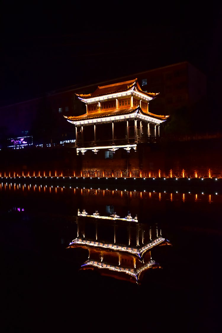 Illuminated Buddhist Temple At Night