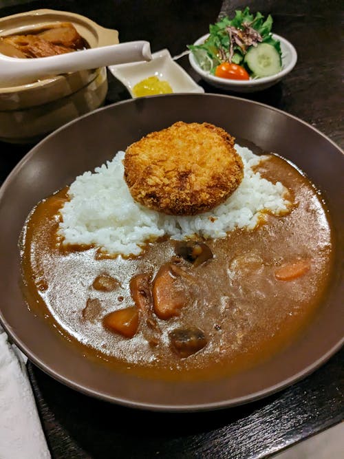 A bowl of curry with rice and vegetables