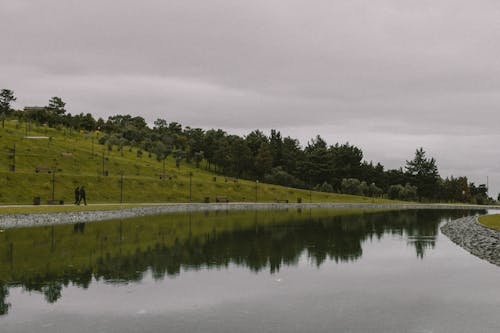 Ingyenes stockfotó mesterséges tó, nagy fák, sétáló emberek témában