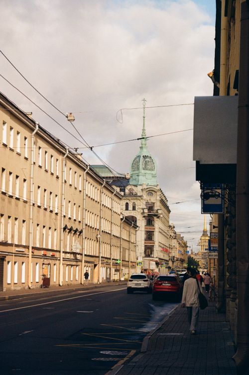 Free Street view in Saint Petersburg showing historic architecture and urban life. Stock Photo