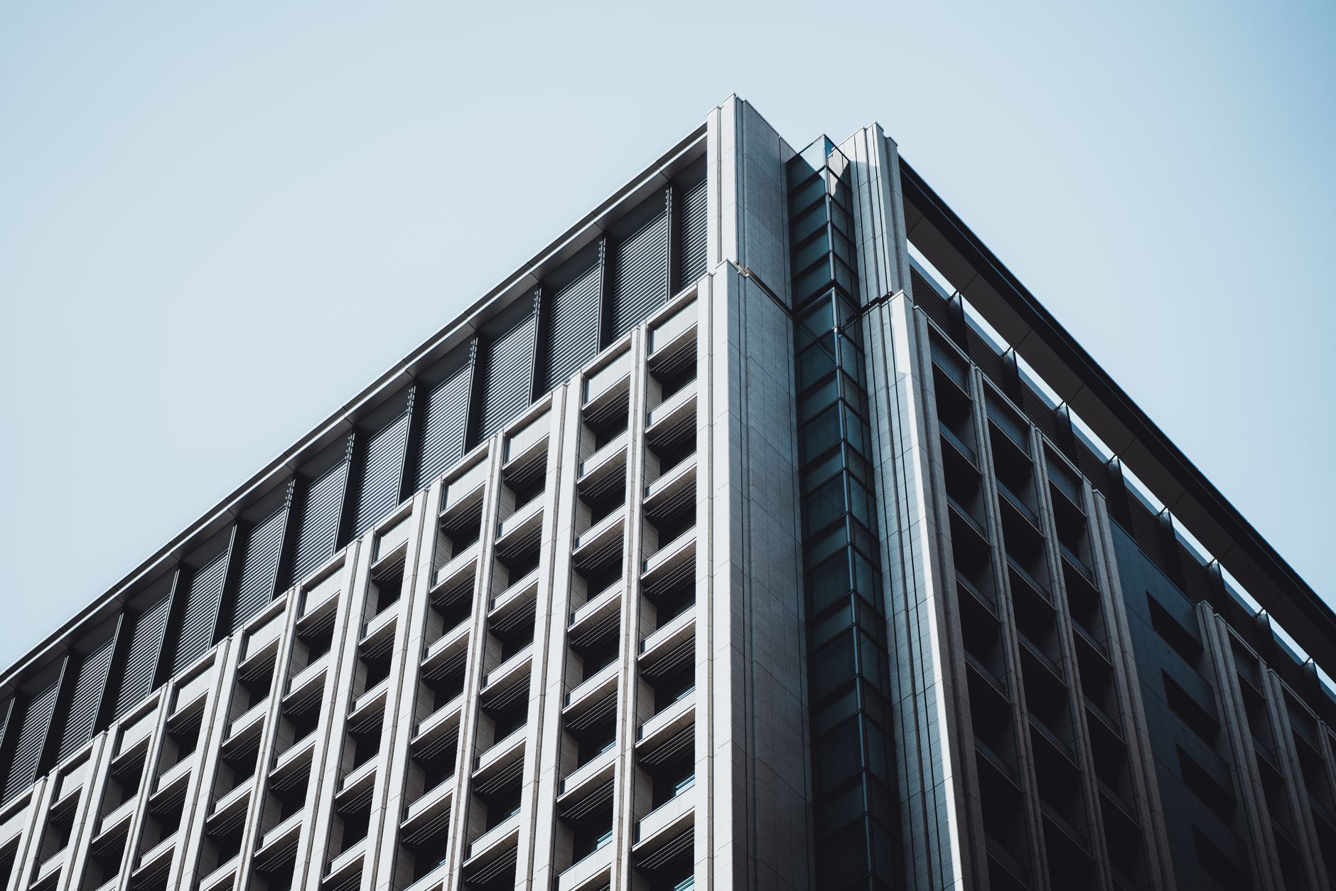 Contemporary office building with geometric patterns in Tokyo, Japan.