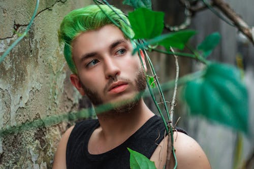 Free Selective Focus Photo of Man with Green Hair Looking Away Stock Photo