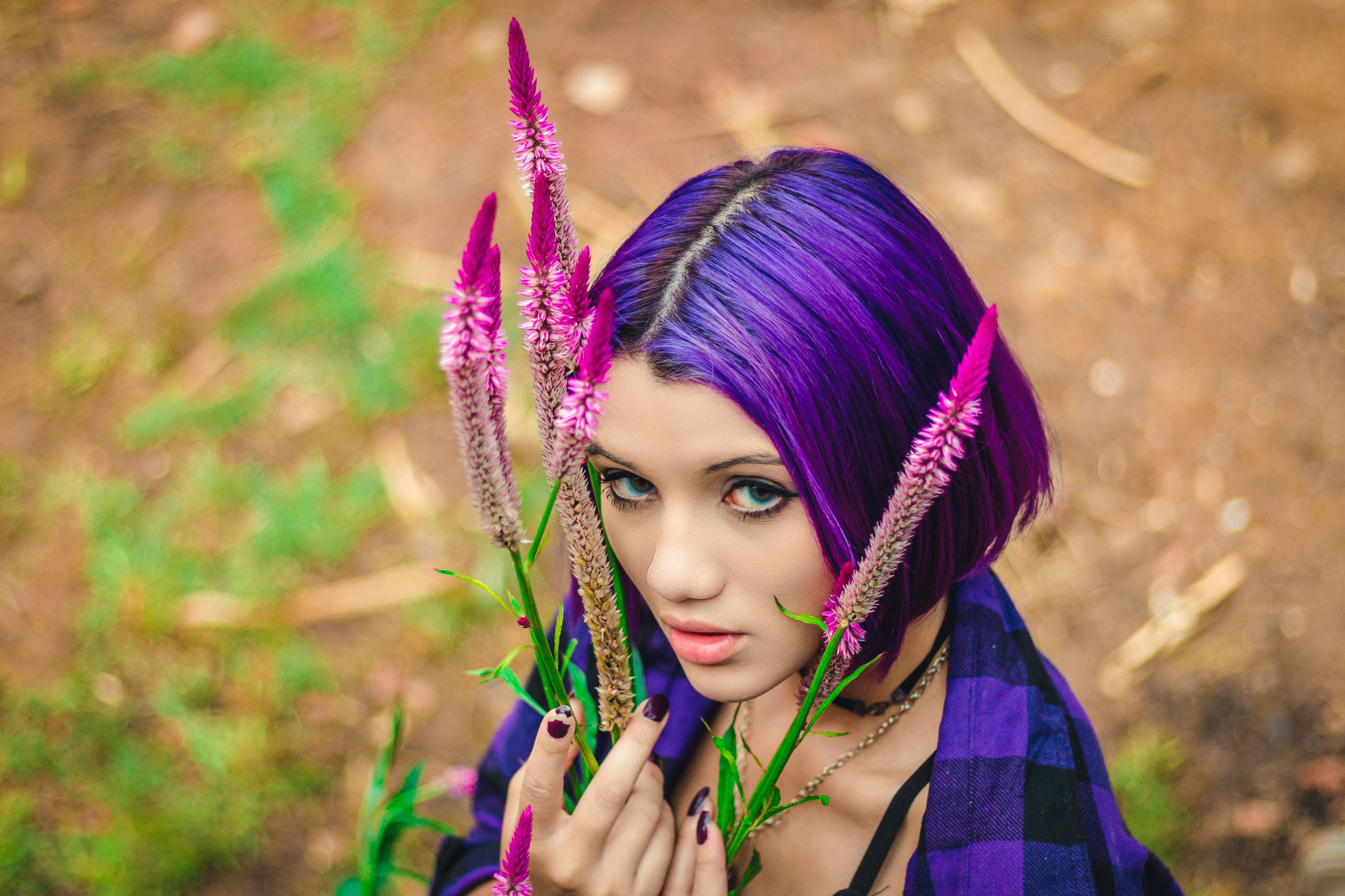 Photo Of Purple Haired Woman In Purple And Black Plaid Collared