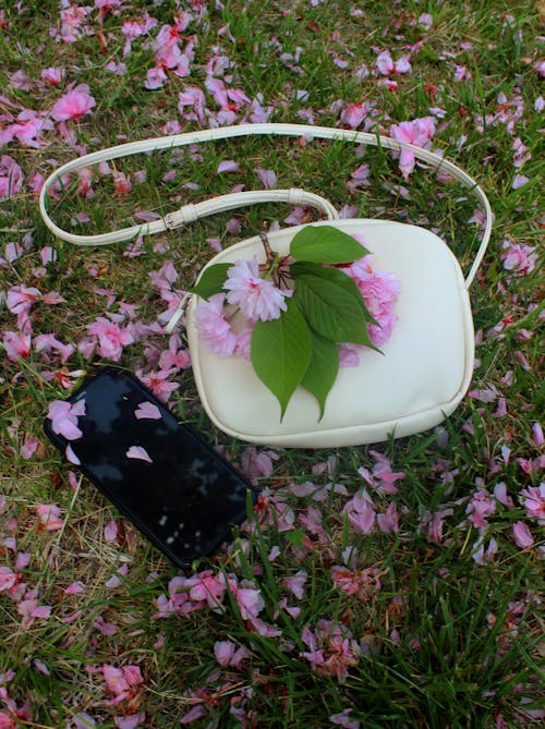 Free Cellphone and Bag Lying Down with Flowers on Ground Stock Photo