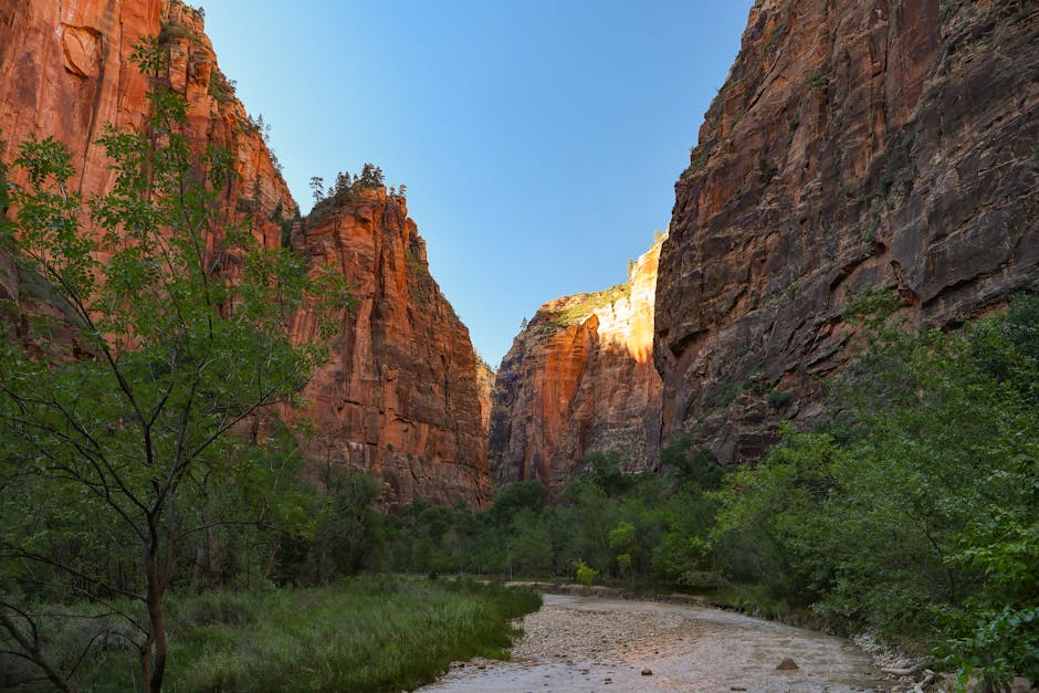 Experience the stunning cliffs and river valley of Zion Canyon during a mesmerizing sunset.