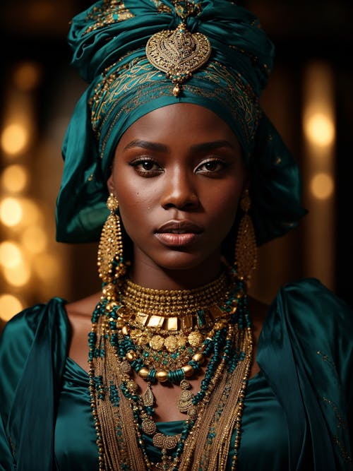 African woman in teal-colored clothes and ornaments