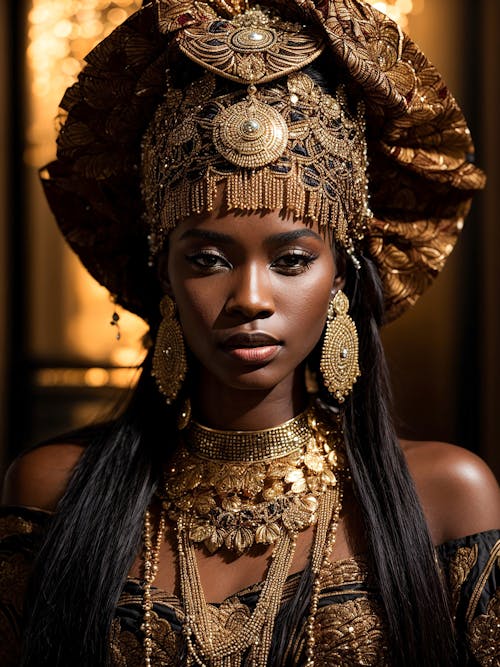 African woman in gold colored attire and ornaments