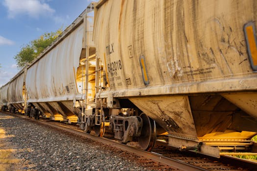 Close-up of freight train wagons on railway tracks during daytime in Reads Landing, MN.