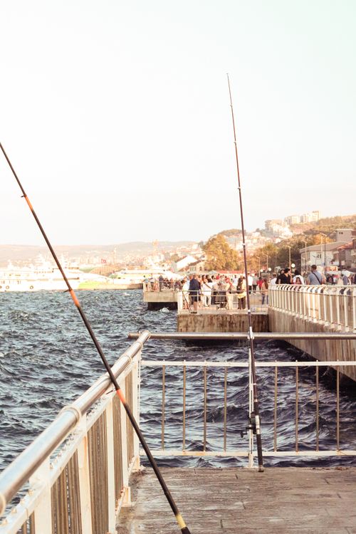 Free A vibrant scene of fishing rods on a pier in Istanbul with distant city views and bustling activity. Stock Photo