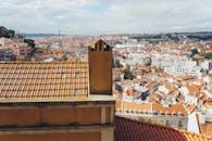 在多云的天空下，里斯本的鸟瞰图展现了红瓦屋顶和历史建筑