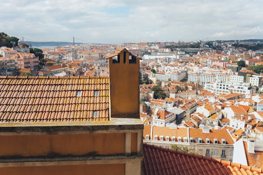 在多云的天空下，里斯本的鸟瞰图展现了红瓦屋顶和历史建筑