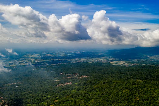 Breathtaking aerial view of Majasari, Banten, Indonesia with lush greenery and dramatic clouds.