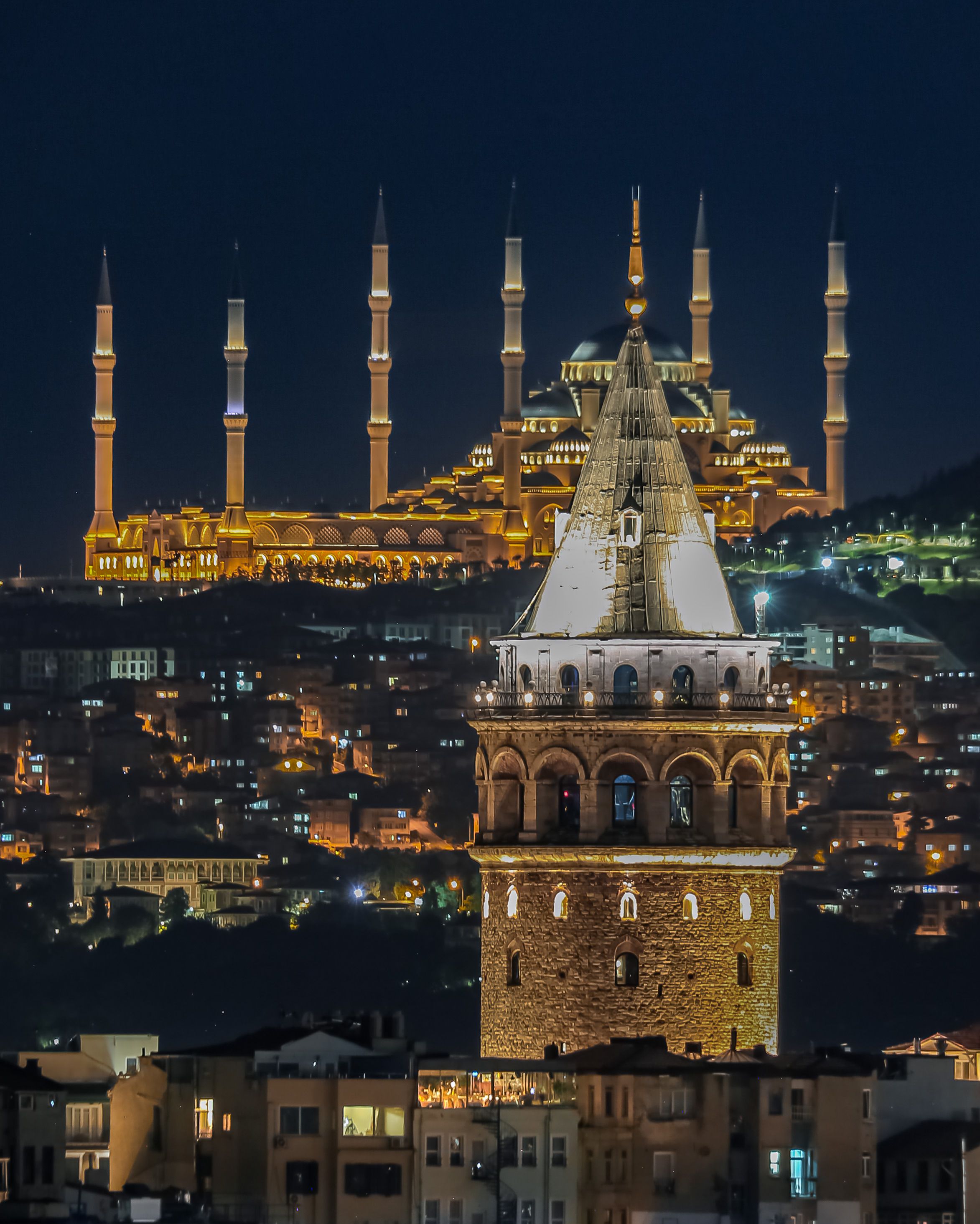 Galata Tower and Camlica Mosque behind at Night · Free Stock Photo