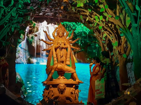 Stunning depiction of Goddess Durga at a vibrant festival in Kolkata, India.