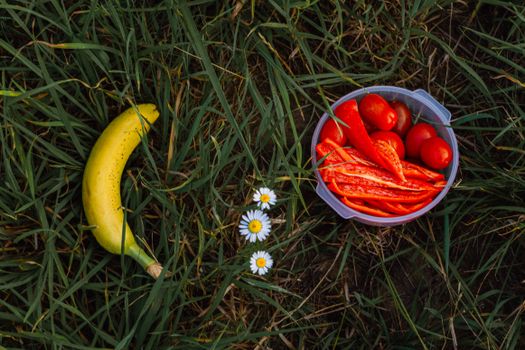 A vibrant picnic spread featuring a banana, red peppers, and tomatoes on grass, ideal for a summer snack.