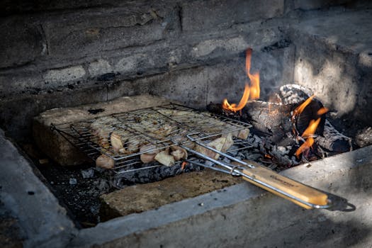 Fish grilling over an open flame with burning logs in a stone fireplace.