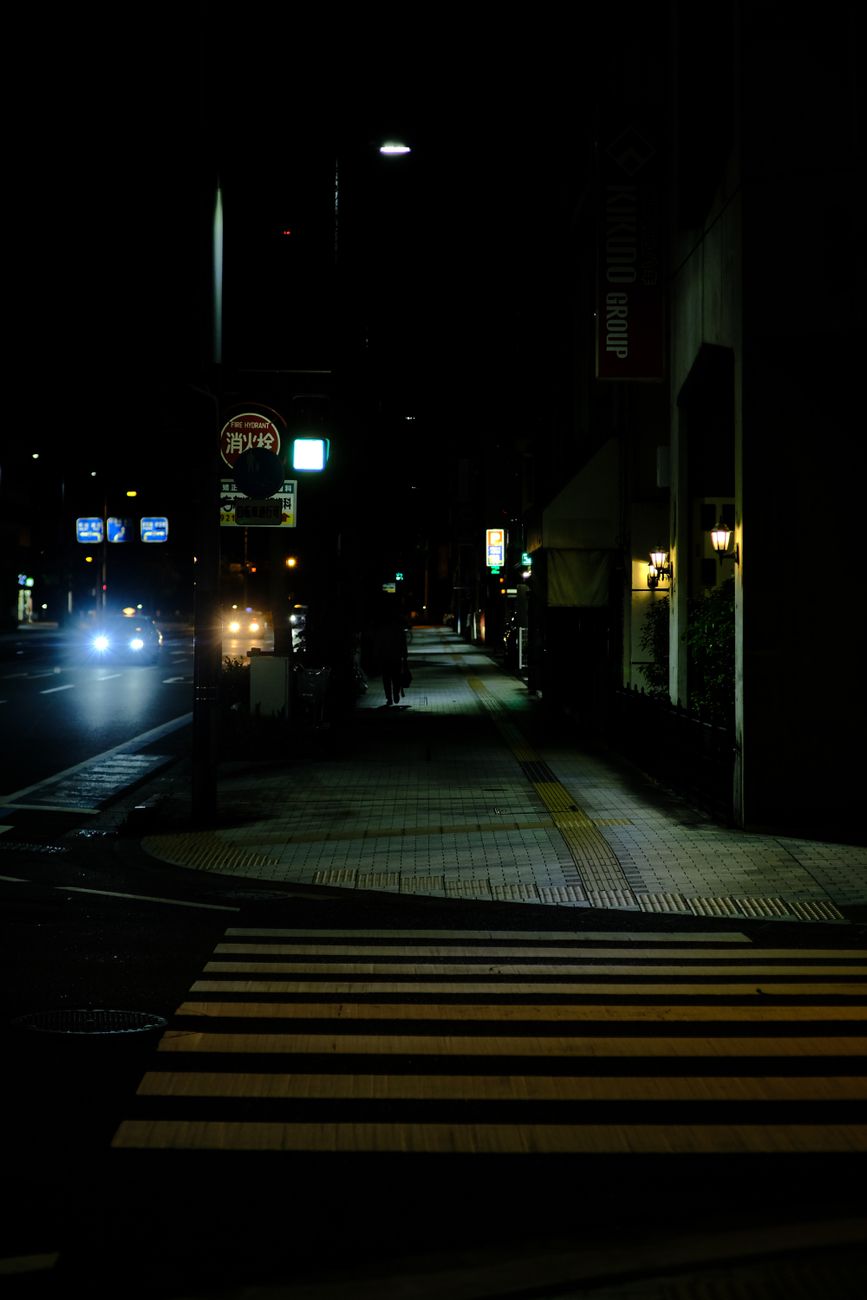 A dimly lit urban street capturing an atmospheric crosswalk and sidewalk ambiance.