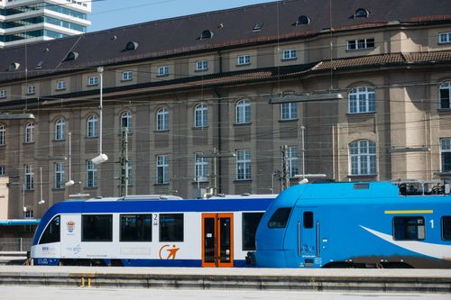 Free Blue and white train at Munich railway station, Germany, showcasing urban transport. Stock Photo