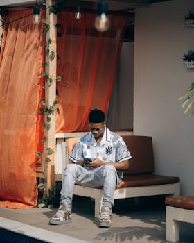 A young man sitting outside on a patio using his smartphone, embraced by warm sunlight and relaxed surroundings.