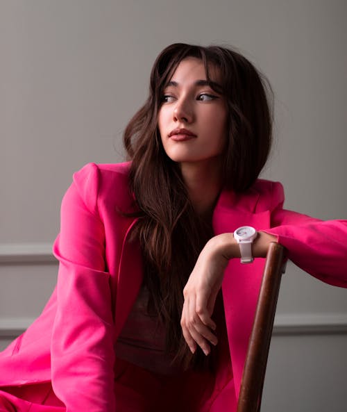 Pretty Brunette in Pink Blazer