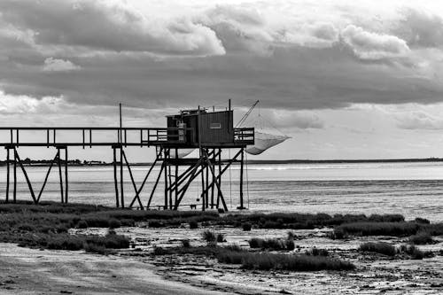 Hut of Fishermen by the Sea in Black and White 