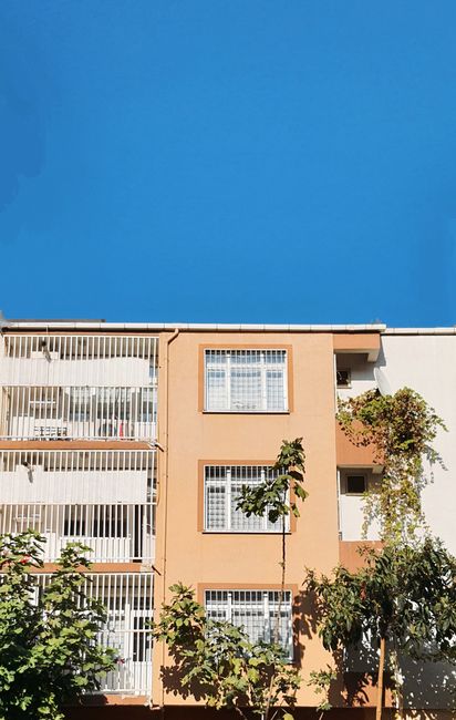 A vibrant urban apartment building shown with trees and a clear blue sky.